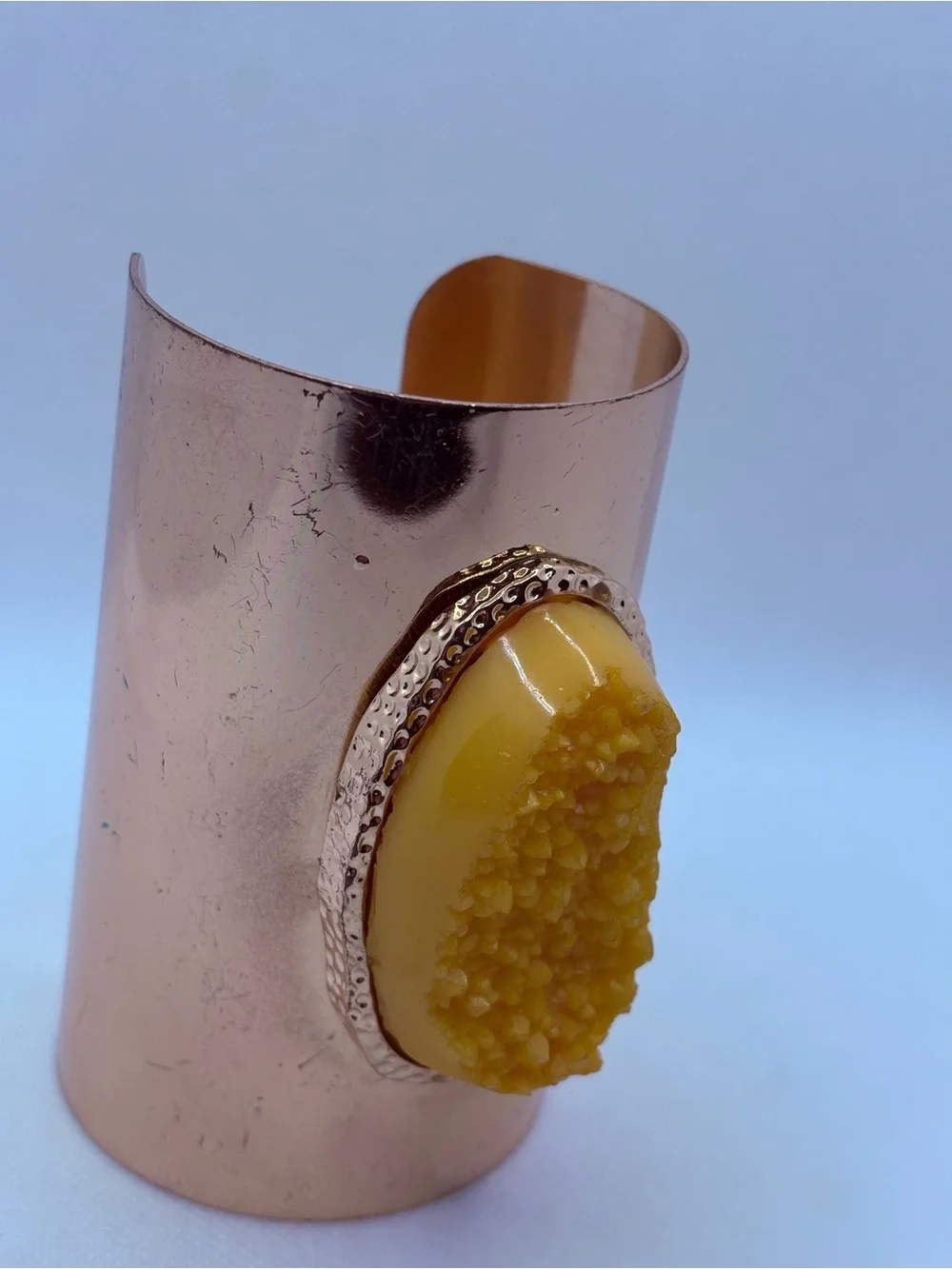 Large Faux Druzy Yellow Brass Cuff Bracelet 4” Hammered Adjustable